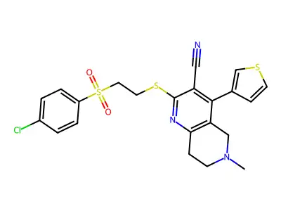 2-{[2-(4-chlorobenzenesulfonyl)ethyl]sulfanyl}-6-methyl-4-(thiophen-3-yl)-5,6,7,8-tetrahydro-1,6-naphthyridine-3-carbonitrile structure