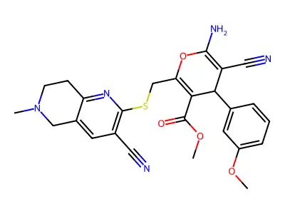 methyl 6-amino-5-cyano-2-{[(3-cyano-6-methyl-5,6,7,8-tetrahydro[1,6]naphthyridin-2-yl)sulfanyl]methyl}-4-(3-methoxyphenyl)-4H-pyran-3-carboxylate structure