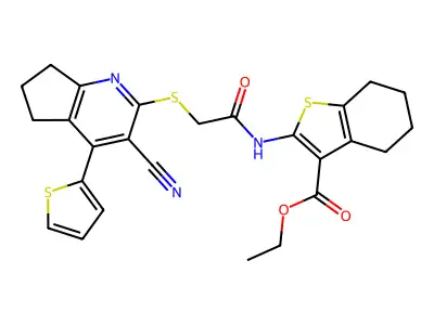 ethyl 2-[(2-{[3-cyano-4-(2-thienyl)-6,7-dihydro-5H-cyclopenta[b]pyridin-2-yl]sulfanyl}acetyl)amino]-4,5,6,7-tetrahydro-1-benzothiophene-3-carboxylate structure