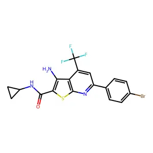 3-amino-6-(4-bromophenyl)-N-cyclopropyl-4-(trifluoromethyl)thieno[2,3-b]pyridine-2-carboxamide structure
