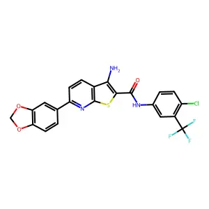 3-amino-6-(1,3-benzodioxol-5-yl)-N-[4-chloro-3-(trifluoromethyl)phenyl]thieno[2,3-b]pyridine-2-carboxamide structure
