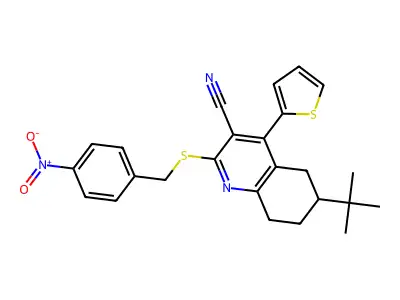 6-(tert-butyl)-2-[(4-nitrobenzyl)sulfanyl]-4-(2-thienyl)-5,6,7,8-tetrahydro-3-quinolinecarbonitrile structure