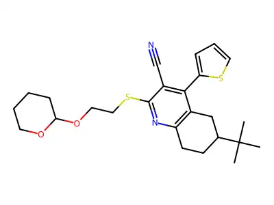 6-(tert-butyl)-2-{[2-(tetrahydro-2H-pyran-2-yloxy)ethyl]sulfanyl}-4-(2-thienyl)-5,6,7,8-tetrahydro-3-quinolinecarbonitrile structure