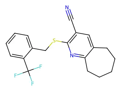 2-{[2-(trifluoromethyl)benzyl]sulfanyl}-6,7,8,9-tetrahydro-5H-cyclohepta[b]pyridine-3-carbonitrile structure