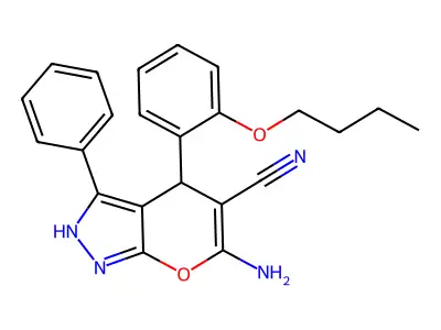 6-amino-4-(2-butoxyphenyl)-3-phenyl-2,4-dihydropyrano[2,3-c]pyrazole-5-carbonitrile structure