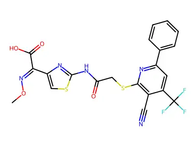 2-[2-[[2-[3-cyano-6-phenyl-4-(trifluoromethyl)pyridin-2-yl]sulfanylacetyl]amino]-1,3-thiazol-4-yl]-2-methoxyiminoacetic acid structure