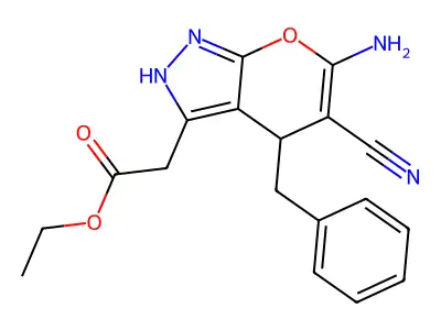 Ethyl 2-(6-amino-4-benzyl-5-cyano-2,4-dihydropyrano[2,3-c]pyrazol-3-yl)acetate structure