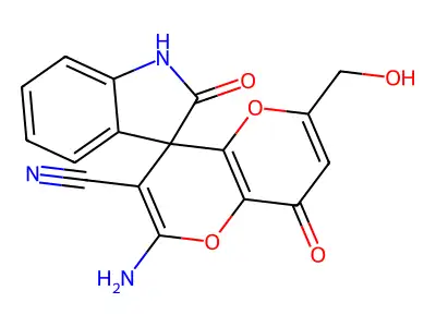 2'-amino-6'-(hydroxymethyl)-2,8'-dioxo-1,2-dihydro-8'H-spiro[indole-3,4'-pyrano[3,2-b]pyran]-3'-carbonitrile structure