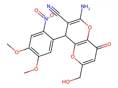 2-amino-4-(4,5-dimethoxy-2-nitrophenyl)-6-(hydroxymethyl)-8-oxo-4,8-dihydropyrano[3,2-b]pyran-3-carbonitrile structure