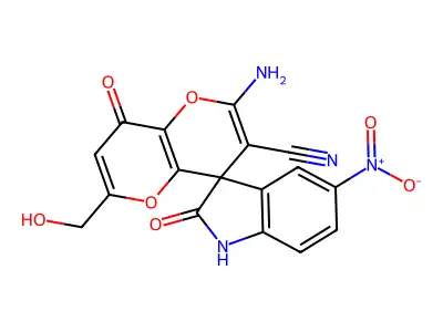 2'-amino-6'-(hydroxymethyl)-5-nitro-2,8'-dioxo-1,2-dihydro-8'H-spiro[indole-3,4'-pyrano[3,2-b]pyran]-3'-carbonitrile structure