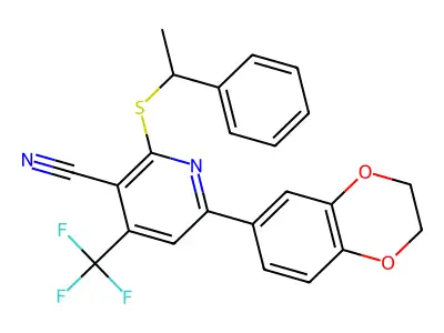 6-(2,3-dihydro-1,4-benzodioxin-6-yl)-2-[(1-phenylethyl)sulfanyl]-4-(trifluoromethyl)pyridine-3-carbonitrile structure