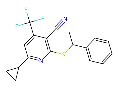 6-Cyclopropyl-2-[(1-phenylethyl)sulfanyl]-4-(trifluoromethyl)nicotinonitrile structure