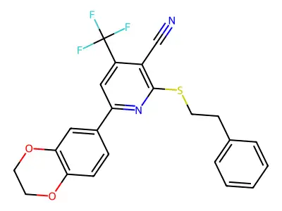 6-(2,3-dihydro-1,4-benzodioxin-6-yl)-2-(phenethylsulfanyl)-4-(trifluoromethyl)nicotinonitrile structure
