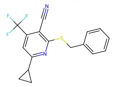 2-(Benzylsulfanyl)-6-cyclopropyl-4-(trifluoromethyl)nicotinonitrile structure