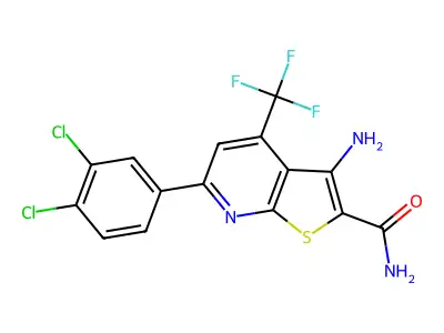 3-amino-6-(3,4-dichlorophenyl)-4-(trifluoromethyl)thieno[2,3-b]pyridine-2-carboxamide structure