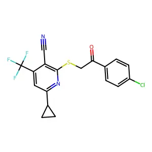 2-{[2-(4-chlorophenyl)-2-oxoethyl]sulfanyl}-6-cyclopropyl-4-(trifluoromethyl)nicotinonitrile structure