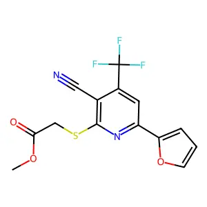 Methyl 2-((3-cyano-6-(furan-2-yl)-4-(trifluoromethyl)pyridin-2-yl)thio)acetate structure