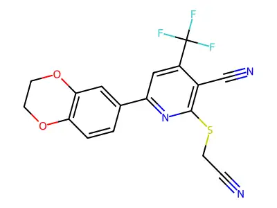 2-[(cyanomethyl)sulfanyl]-6-(2,3-dihydro-1,4-benzodioxin-6-yl)-4-(trifluoromethyl)pyridine-3-carbonitrile structure
