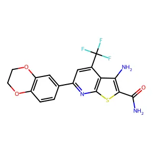 3-amino-6-(2,3-dihydro-1,4-benzodioxin-6-yl)-4-(trifluoromethyl)thieno[2,3-b]pyridine-2-carboxamide structure