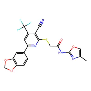 2-{[6-(2H-1,3-benzodioxol-5-yl)-3-cyano-4-(trifluoromethyl)pyridin-2-yl]sulfanyl}-N-(4-methyl-1,3-oxazol-2-yl)acetamide structure