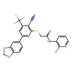 2-{[6-(1,3-benzodioxol-5-yl)-3-cyano-4-(trifluoromethyl)-2-pyridinyl]sulfanyl}-N-(2-chloro-3-pyridinyl)acetamide structure