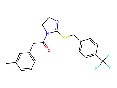 2-(3-methylphenyl)-1-[2-[[4-(trifluoromethyl)phenyl]methylsulfanyl]-4,5-dihydroimidazol-1-yl]ethanone structure
