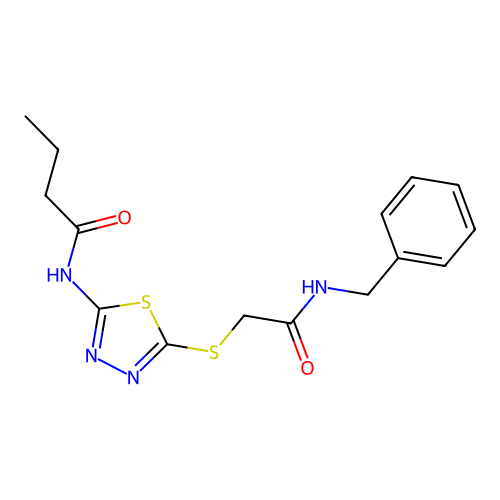N-(5-((2-(benzylamino)-2-oxoethyl)thio)-1,3,4-thiadiazol-2-yl)butyramide structure