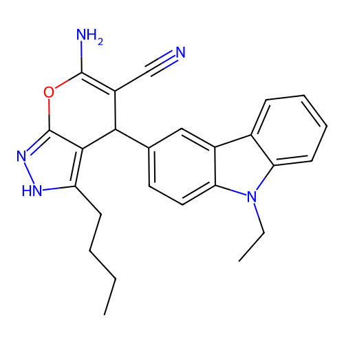 6-amino-3-butyl-4-(9-ethyl-9H-carbazol-3-yl)-2,4-dihydropyrano[2,3-c]pyrazole-5-carbonitrile structure