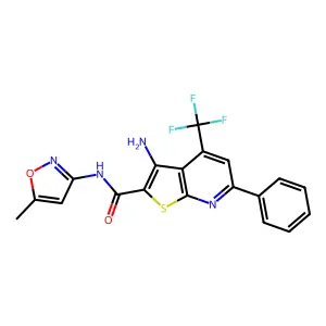 3-amino-N-(5-methyl-1,2-oxazol-3-yl)-6-phenyl-4-(trifluoromethyl)thieno[2,3-b]pyridine-2-carboxamide structure