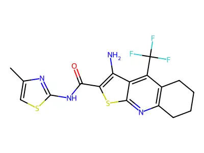 3-amino-N-(4-methyl-1,3-thiazol-2-yl)-4-(trifluoromethyl)-5,6,7,8-tetrahydrothieno[2,3-b]quinoline-2-carboxamide structure
