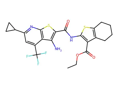 ethyl 2-({[3-amino-6-cyclopropyl-4-(trifluoromethyl)thieno[2,3-b]pyridin-2-yl]carbonyl}amino)-4,5,6,7-tetrahydro-1-benzothiophene-3-carboxylate structure