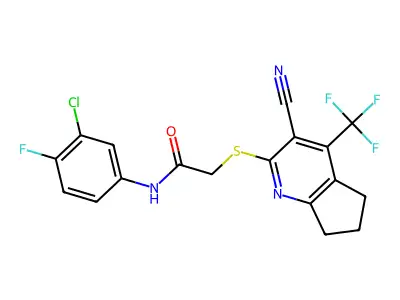 N-(3-chloro-4-fluorophenyl)-2-{[3-cyano-4-(trifluoromethyl)-5H,6H,7H-cyclopenta[b]pyridin-2-yl]sulfanyl}acetamide structure
