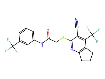 2-{[3-cyano-4-(trifluoromethyl)-5H,6H,7H-cyclopenta[b]pyridin-2-yl]sulfanyl}-N-[3-(trifluoromethyl)phenyl]acetamide structure