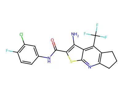 3-amino-N-(3-chloro-4-fluorophenyl)-4-(trifluoromethyl)-6,7-dihydro-5H-cyclopenta[b]thieno[3,2-e]pyridine-2-carboxamide structure