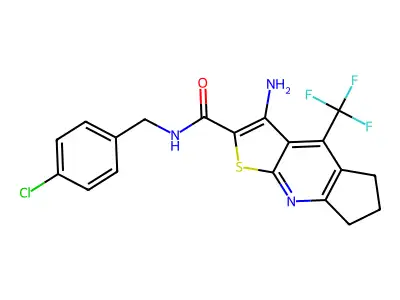 3-amino-N-(4-chlorobenzyl)-4-(trifluoromethyl)-6,7-dihydro-5H-cyclopenta[b]thieno[3,2-e]pyridine-2-carboxamide structure