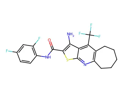 3-amino-N-(2,4-difluorophenyl)-4-(trifluoromethyl)-6,7,8,9-tetrahydro-5H-cyclohepta[b]thieno[3,2-e]pyridine-2-carboxamide structure