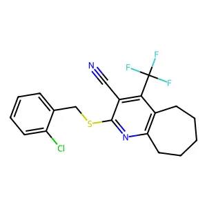 2-[(2-chlorobenzyl)sulfanyl]-4-(trifluoromethyl)-6,7,8,9-tetrahydro-5H-cyclohepta[b]pyridine-3-carbonitrile structure