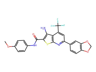 3-amino-6-(1,3-benzodioxol-5-yl)-N-(4-methoxyphenyl)-4-(trifluoromethyl)thieno[2,3-b]pyridine-2-carboxamide structure