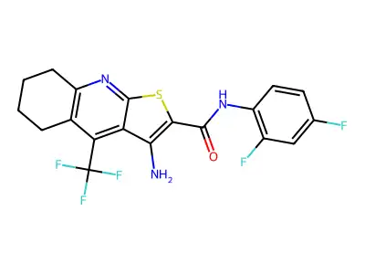 3-amino-N-(2,4-difluorophenyl)-4-(trifluoromethyl)-5,6,7,8-tetrahydrothieno[2,3-b]quinoline-2-carboxamide structure