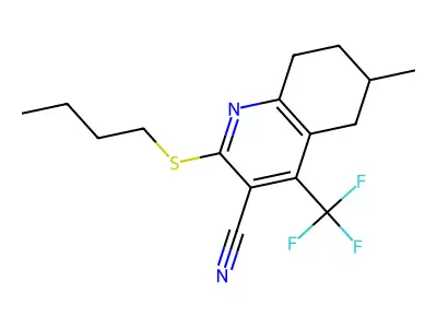 2-(butylsulfanyl)-6-methyl-4-(trifluoromethyl)-5,6,7,8-tetrahydroquinoline-3-carbonitrile structure