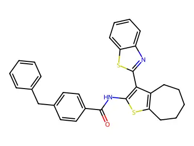 N-[3-(1,3-benzothiazol-2-yl)-5,6,7,8-tetrahydro-4H-cyclohepta[b]thiophen-2-yl]-4-benzylbenzamide structure