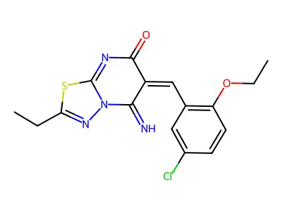 (6E)-6-[(5-chloro-2-ethoxyphenyl)methylidene]-2-ethyl-5-imino-[1,3,4]thiadiazolo[3,2-a]pyrimidin-7-one structure