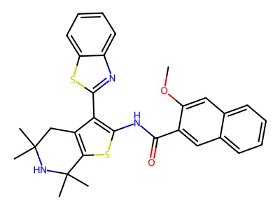 N-[3-(1,3-benzothiazol-2-yl)-5,5,7,7-tetramethyl-4,6-dihydrothieno[2,3-c]pyridin-2-yl]-3-methoxynaphthalene-2-carboxamide structure