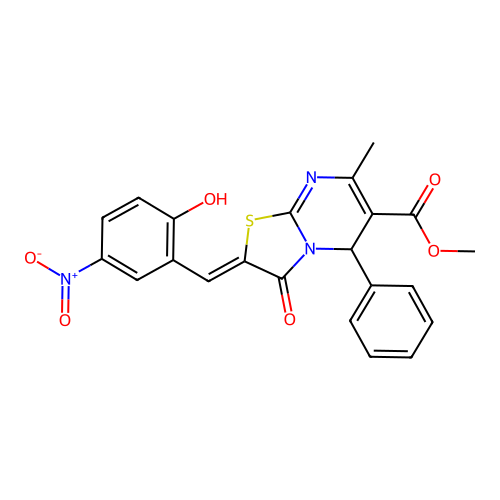 methyl (2E)-2-[(2-hydroxy-5-nitrophenyl)methylidene]-7-methyl-3-oxo-5-phenyl-2H,3H,5H-[1,3]thiazolo[3,2-a]pyrimidine-6-carboxylate structure