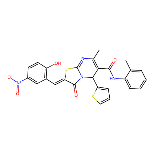 (2E)-2-[(2-hydroxy-5-nitrophenyl)methylidene]-7-methyl-N-(2-methylphenyl)-3-oxo-5-(thiophen-2-yl)-2H,3H,5H-[1,3]thiazolo[3,2-a]pyrimidine-6-carboxamide structure
