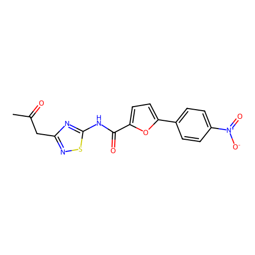 5-(4-nitrophenyl)-N-[3-(2-oxopropyl)-1,2,4-thiadiazol-5-yl]furan-2-carboxamide structure