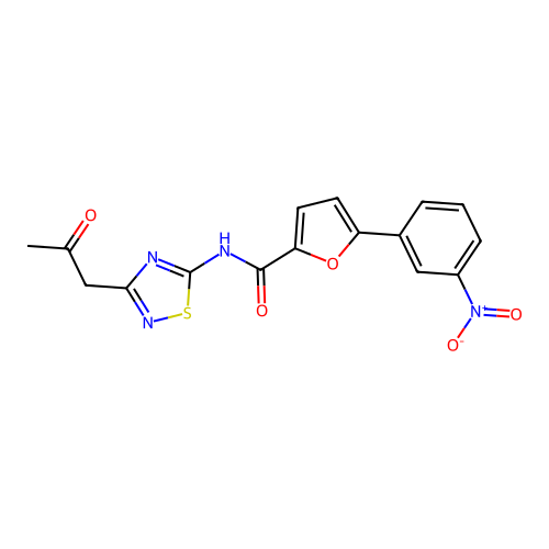 5-(3-nitrophenyl)-N-[3-(2-oxopropyl)-1,2,4-thiadiazol-5-yl]furan-2-carboxamide structure