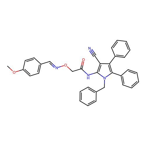 (E)-N-(1-benzyl-3-cyano-4,5-diphenyl-1H-pyrrol-2-yl)-2-(((4-methoxybenzylidene)amino)oxy)acetamide structure