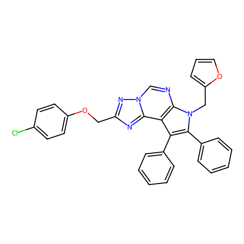 2-((4-chlorophenoxy)methyl)-7-(furan-2-ylmethyl)-8,9-diphenyl-7H-pyrrolo[3,2-e][1,2,4]triazolo[1,5-c]pyrimidine structure