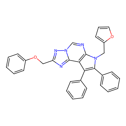 7-(furan-2-ylmethyl)-2-(phenoxymethyl)-8,9-diphenyl-7H-pyrrolo[3,2-e][1,2,4]triazolo[1,5-c]pyrimidine structure